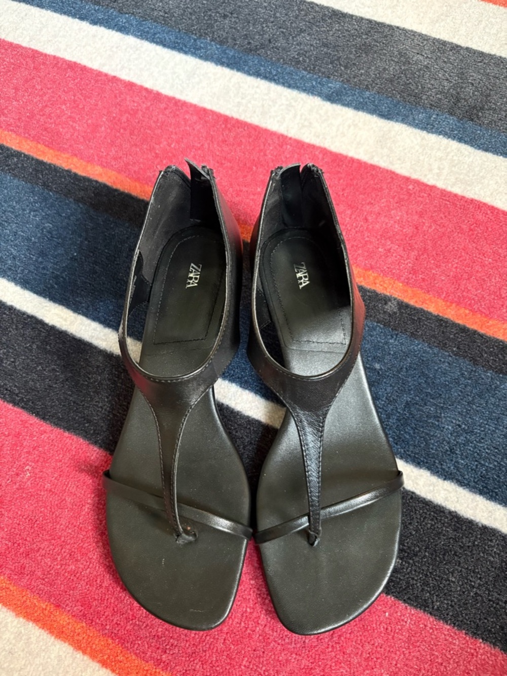 Black Leather T-Strap Kitten Heel Sandals - Women's - Picture 2 of 4